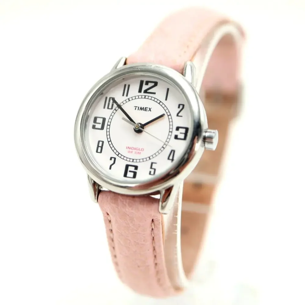 Timex Indiglo Pink Backlight Womens Silver Tone 25mm Watch Leather w New Battery